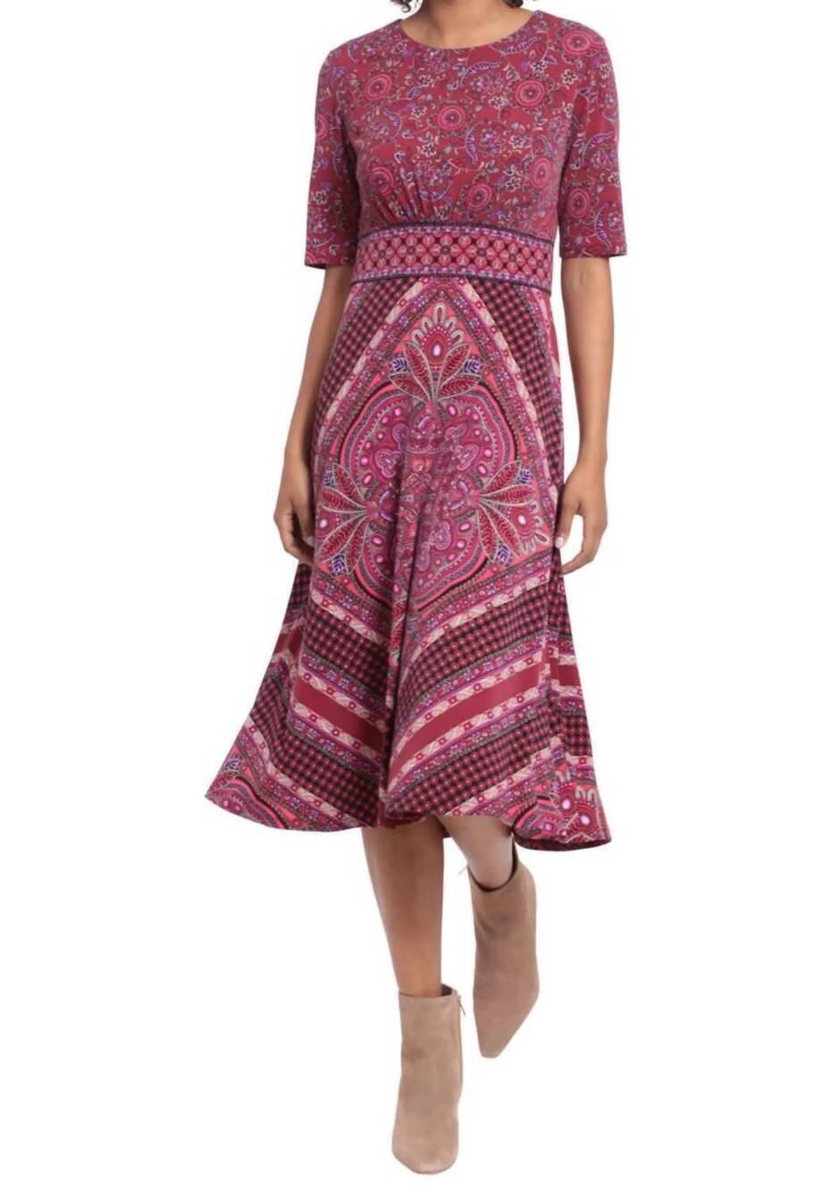 NEW LONDON TIMES short sleeve midi dress in wine fuchsia